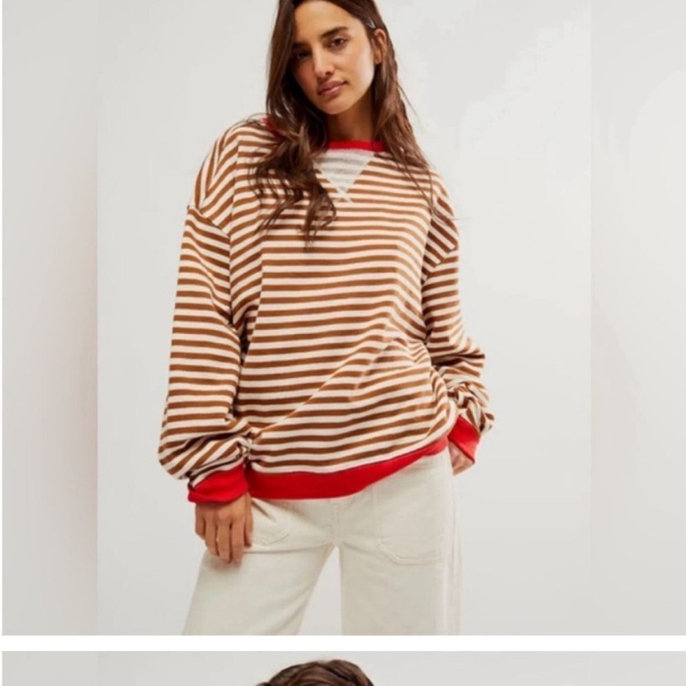 NWT Free People We the Free Classic Striped Oversized Crewneck - Coffee Combo L